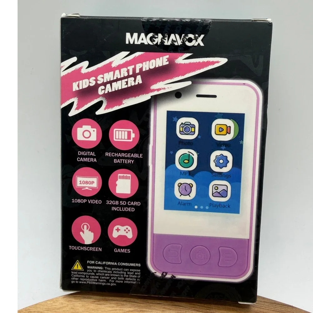 Magnavox Kids Smart Phone Camera Purple Touchscreen 1080P Video 32GB SD Card